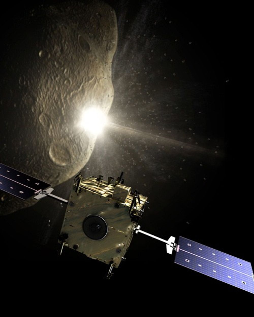 Romsonden DART skal dundre inn i en asteroide med en fart på flere kilometer i sekundet. Kollisjonen skal dokumenteres av en annen sonde, AIM. Illustrasjon: ESA–AOES Medialab