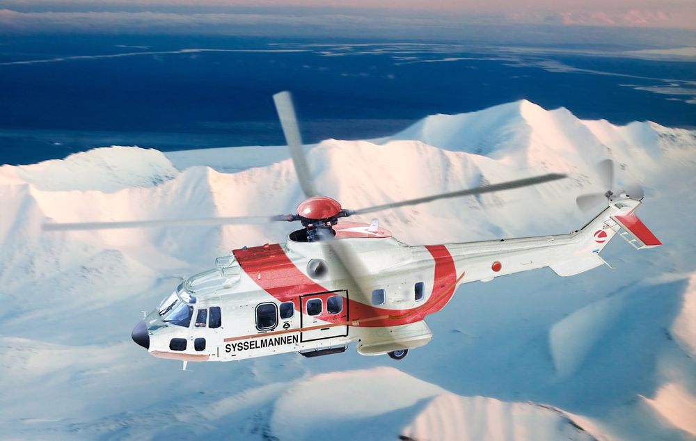 Slik blir Sysselmannen på Svalbards AS332L1-helikoptre i Lufttransport-drakt. 