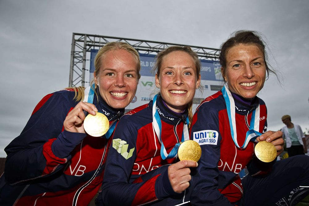 Sivilingeniør Heidi Bagstevold, sivilarkitekt Mari Fasting og farmasøyt Anne Margrethe Hausken Nordberg vantn stafettgull i VM tidligere i år.