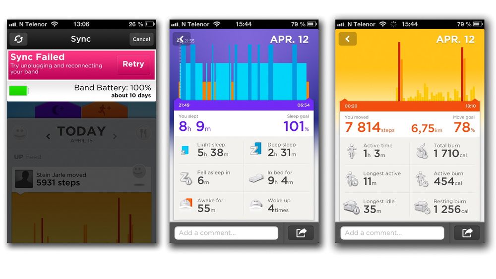 Skjermbilder fra Up-appen. Fra venstre det velkjente synkroniseringstrøbbelet, søvnoversikten og stegoversikten. 