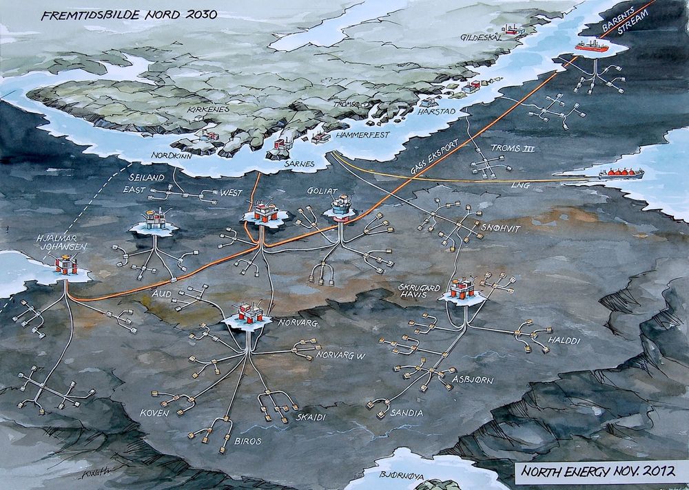 North Energy ser for seg at Barentshavet kan se omtrent slik ut i 2030. Viktigst for dem er gassrøret som går sørover for å kunne fore Europa med gass i fremtiden.  