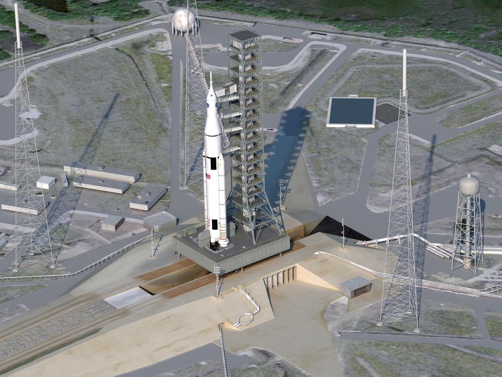 Artistisk konsept av Space Launch System, som designes for å bære kapselen Orion. SLS vil også tjene som reserve for kommersielle og internasjonale transporttjenester til den internasjonale romstasjonen. 