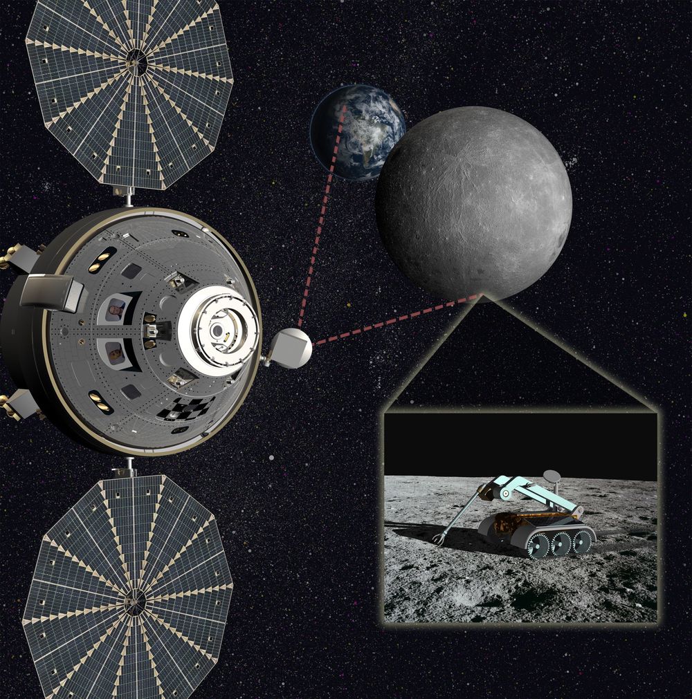 Artistisk konsept av hvordan astronauter i en Orion -kapsel bistår teleoperasjon av roboter på månens bakside 