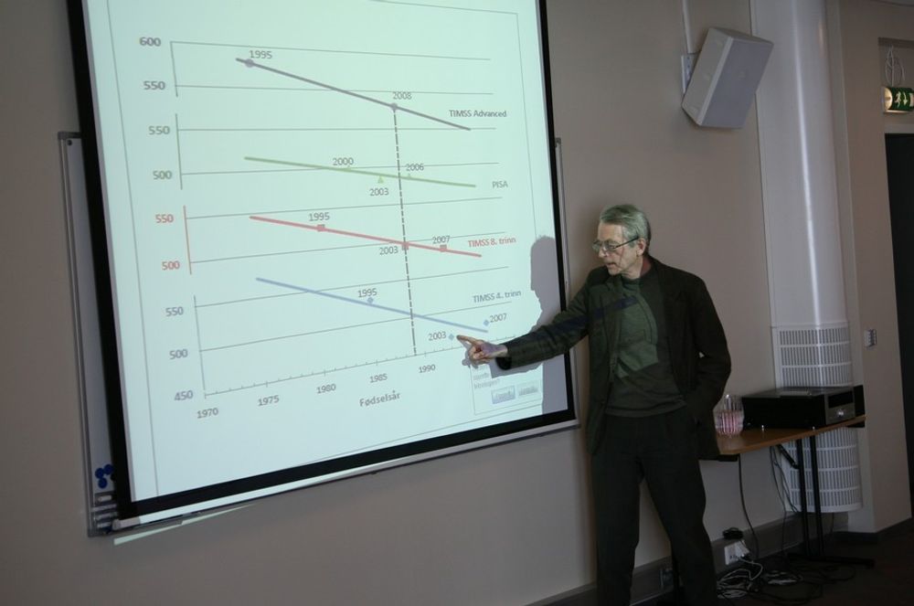 NED: Professor Svein Lie med grafene som viser utviklingen i norsk utdanning de siste tiårene.