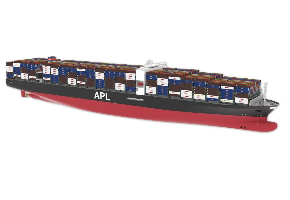 GIGANT: De 10 nye containerskipene til APL blir blant de største i verden. Kapasitet på 13.800 containere. Skipene blir 368 meter lange og 51 meter brede. 