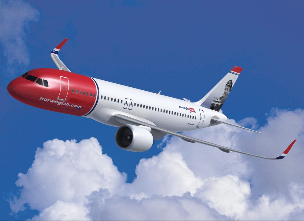 Slik vil Airbus A320neo se ut i Norwegian-drakt. Selskapet har bestilt 100 stykk.