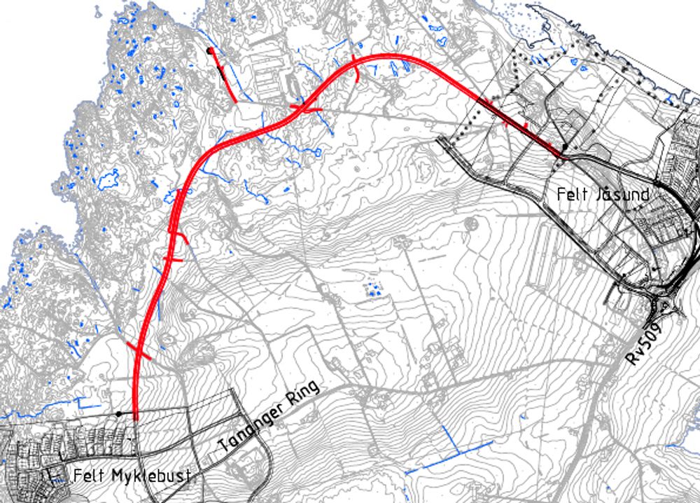 Den nye fylkesvegen er markert med rødt. Den blir anlagt av en entreprenør fra Rogaland. Ill.: Statens vegvesen