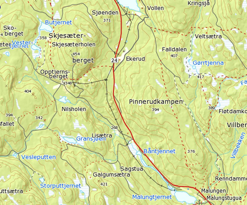 Strekningen som skal utbedres går mellom Malungen og Sjøenden. Ytterpunktene ligger nederst og øverst på kartet. Ill.: Statkart