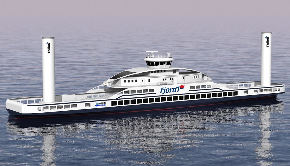 HYBRID: Konseptfergen til Fjord1 for E39 Lavik-Oppedal med Flettner-rotorene som det mest oppsiktsvekkende. Design: Multi maritime. 