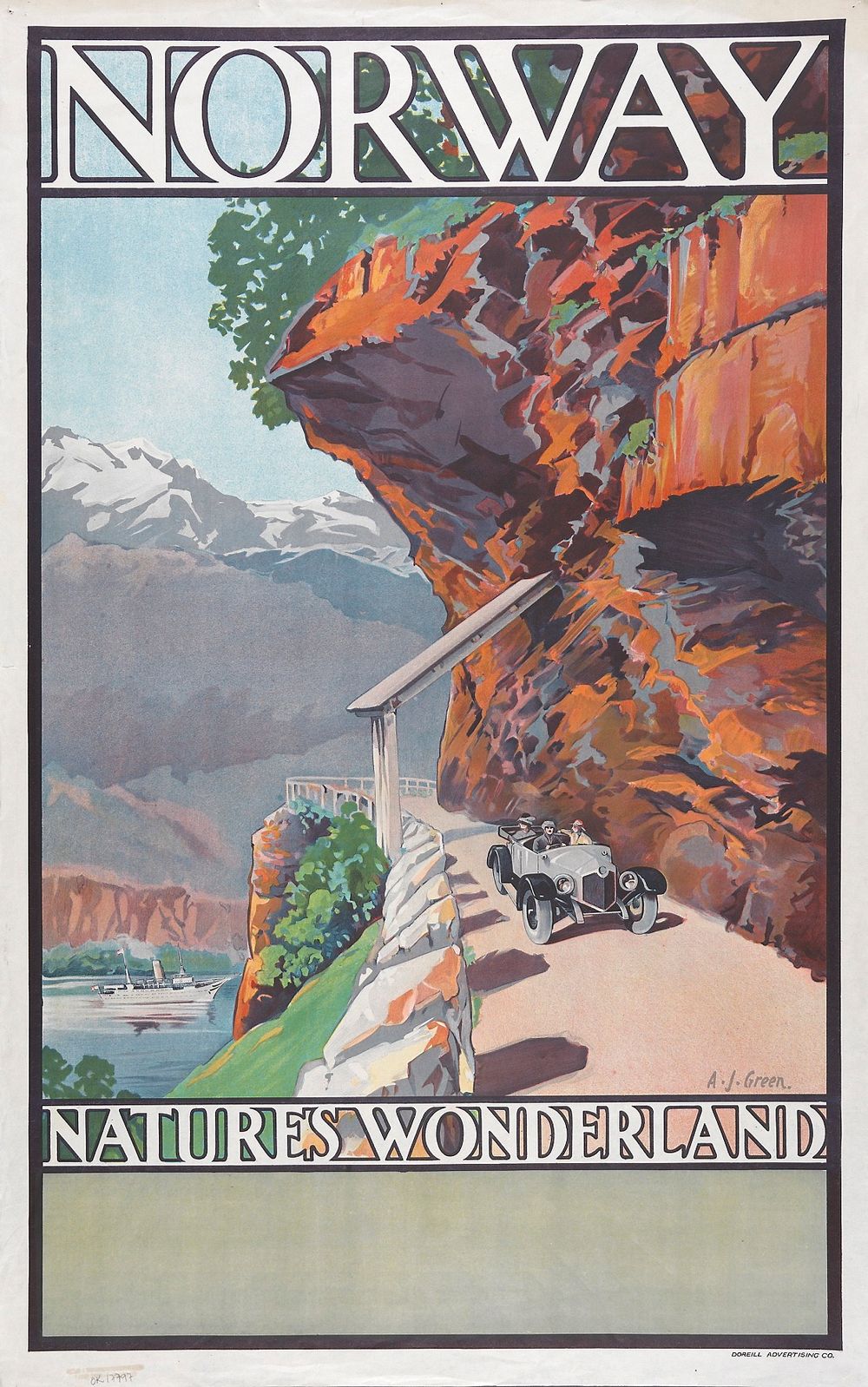 NSB-REKLAME: A.J Green, Doreill Advertising, Reklameplatat for NSBs reisebyrå i London, 1921-1924. 