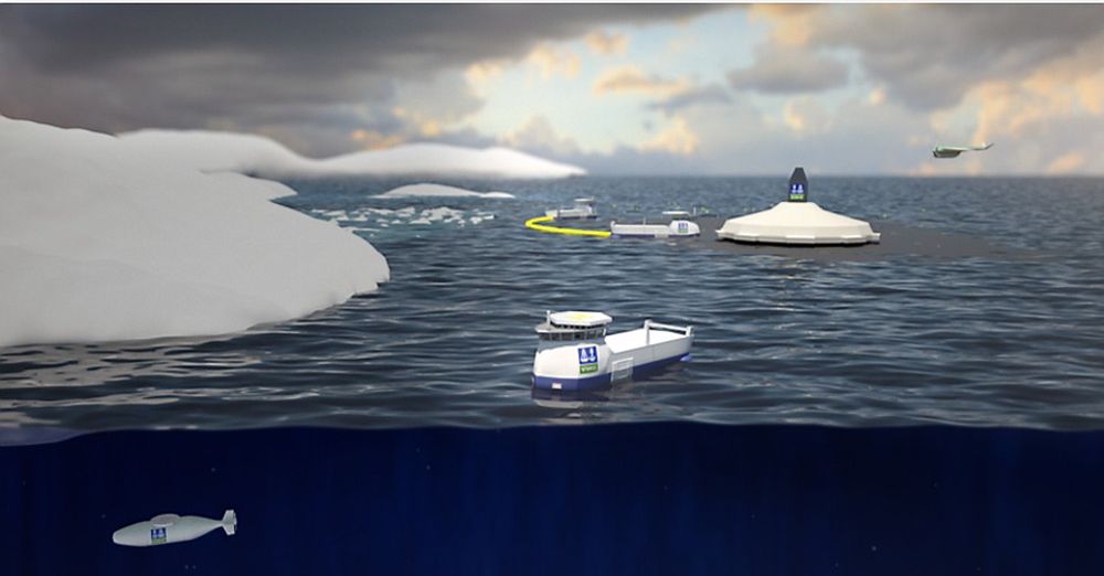 AURORA:Studentprosjektet i DNV med gode innspill til oljevern i Arktis.  Boreast-isbrytere og oljevernskip i arbeid med is- og brannbestandige lenser, ROV med dispergeringsmidler på vei under isen og UAV i lufta til å lokalisere olje.   