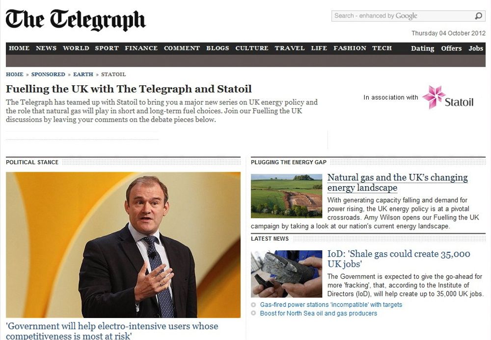 Statoil har inngått et samarbeid med The Telegraph for å skape debatt rundt bruken av norsk gass. 