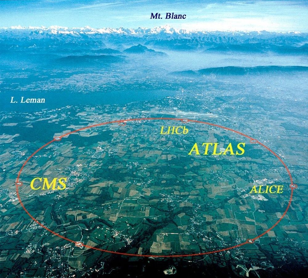 SVEITS: Inntegnet er CERNs store, underjordiske partikkelakselerator, og seneterets beliggenhet like ved Mt Blanc og Lac Lemond i Sveits. FOTO: CERN