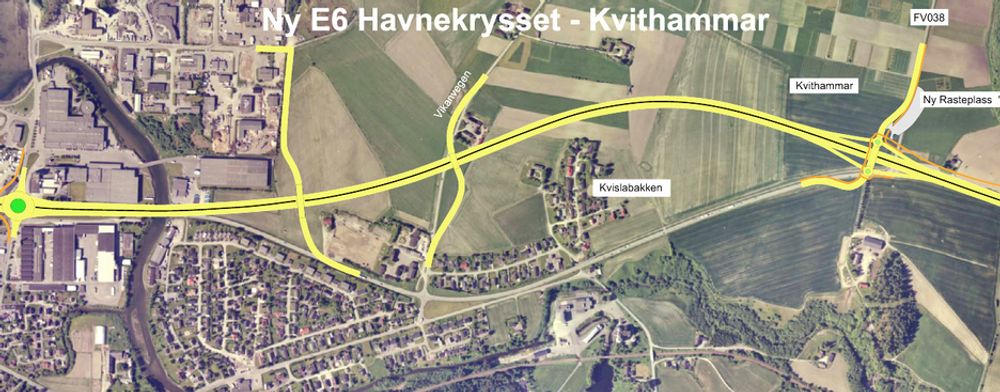 Ny E 6, markert med dobbel gul linje, må være kjørbar senest 15. november 2013. 
Ill.: Statens Vegvesen
