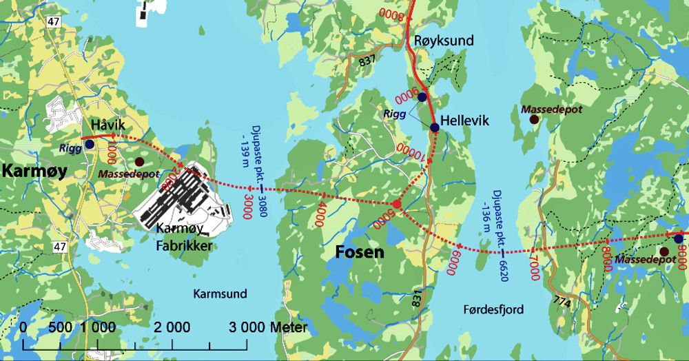 Karmøytunnelen er markert med stiplet rød linje. Her skal det meste av elektroarbeidet utføres. Ill.: Statens vegvesen