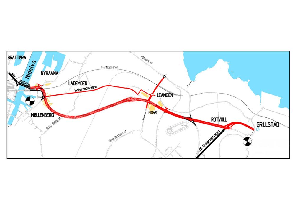 Den tykke røde linjen markerer hovedvegstrekningene som inngår i elektroentreprisen. De skal også utføres arbeid på ca. en kilometer av E 6 Omkjøringsvegen, som er markert med svart nede til høyre.
Ill.: Statens vegvesen