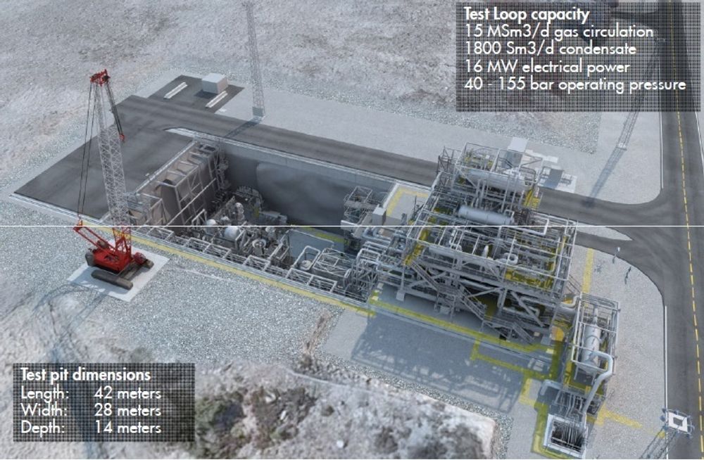 BAD: Her er  testbassenget på Nyhamna. Lengde 24 m, bredde 28m og dybde 14 m. Gass med variablet trykk, forskjellig gass/oljeblanding (kondensat), sand- og vanninnhold, skal simulerer alle de verst tenkelige scenarier kompresjonsanlegget kan utsettes for.