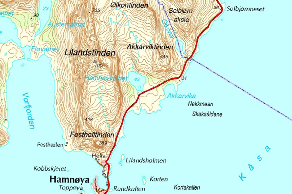 Tunnelen som er ute på anbud nå, skal gå nordover fra Hamnøya nederst på kartet. I løpet av 2014 skal hele E 10-strekningen fra Hamnøya til Solbjørnneset oppe til venstre være sikret mot ras.
Ill.: Statens vegvesen