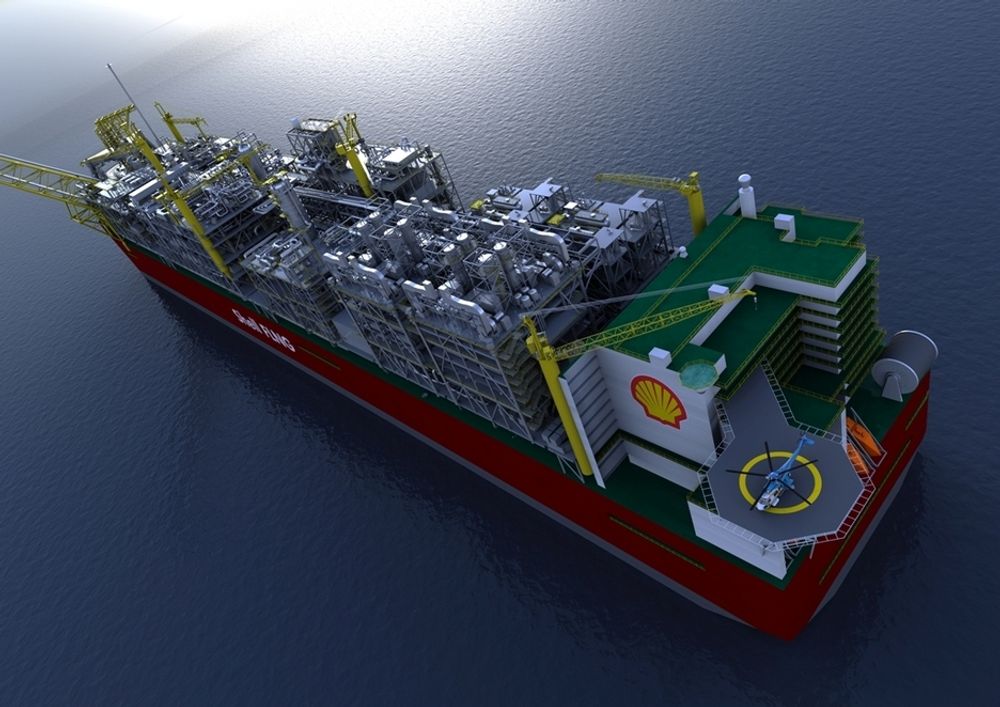 FØRSTE: Shells FLNG-prosjekt for Prelude-feltet. Fartøyet blir 488 meter langt og skal forankres 200 kilometer fra land. Gass behandles om bord og kjøles ned til flytende form (LNG).