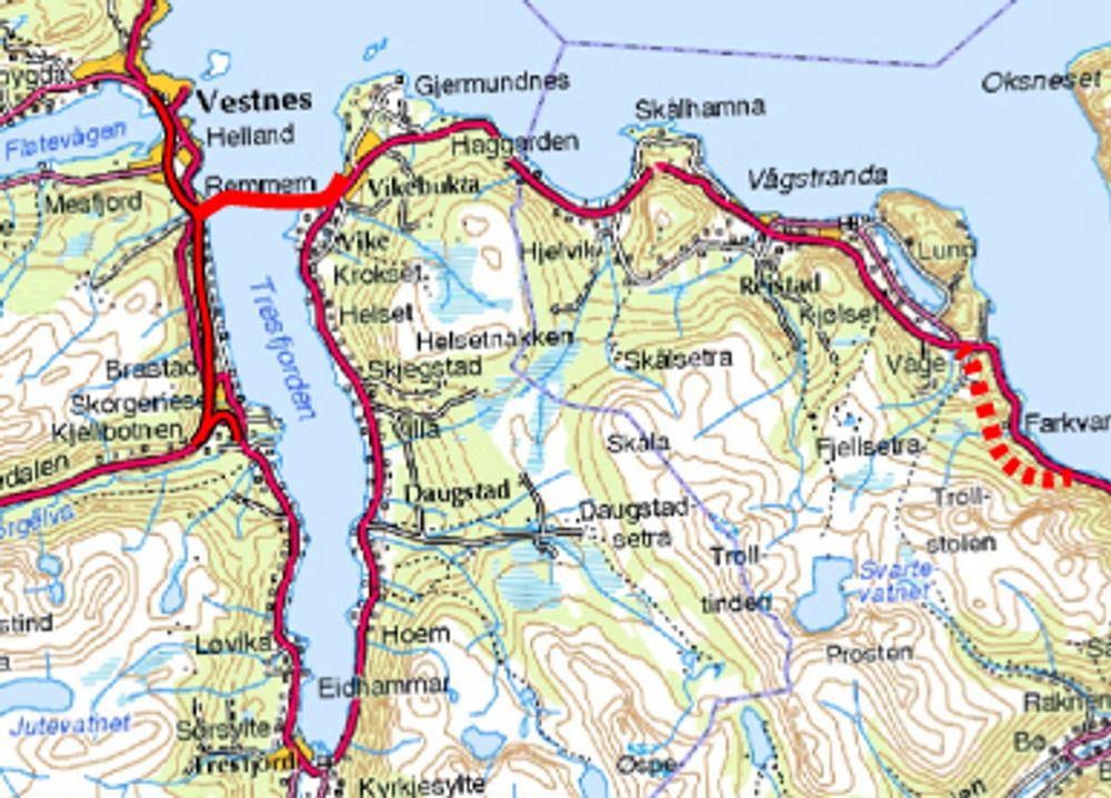 Tresfjordbrua er markert øverst til venstre, Vågstrandtunnelen er den stiplete røde linjen lengst til høyre.