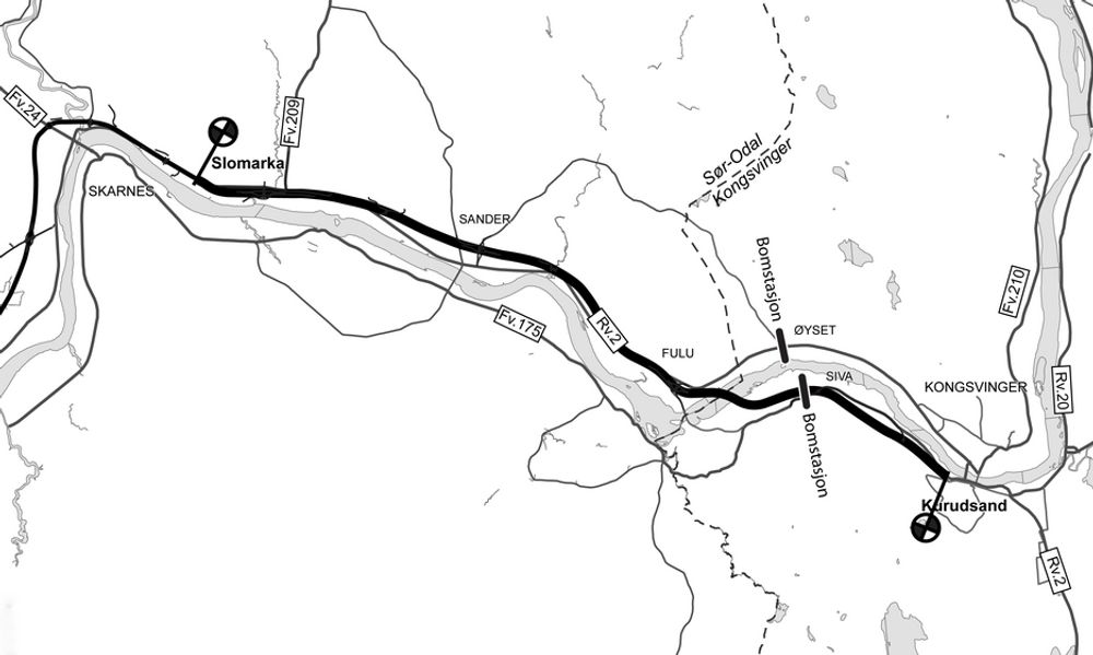 Kurudsand er markert helt til høyre på kartet. Gulli ligger like øst for stedet der den tykke linjen krysser Glomma. Ill.: Statens vegvesen