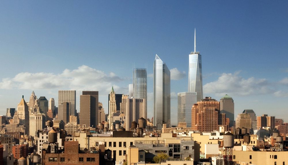FREMTIDSVISJON: Omtrent slik vil nedre Manhattans skyline se ut fra Brooklyn i 2014. Hvis man regner med spiret, blir One World Trade Center USAs høyeste skyskraper. På midten tar bygningen form av et oktogon.