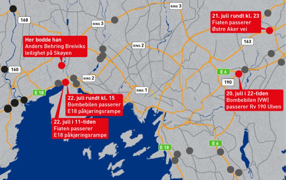 Kartet viser hvor bilene som ble brukt i terrorangrepet passerte bomstasjoner i Oslo.