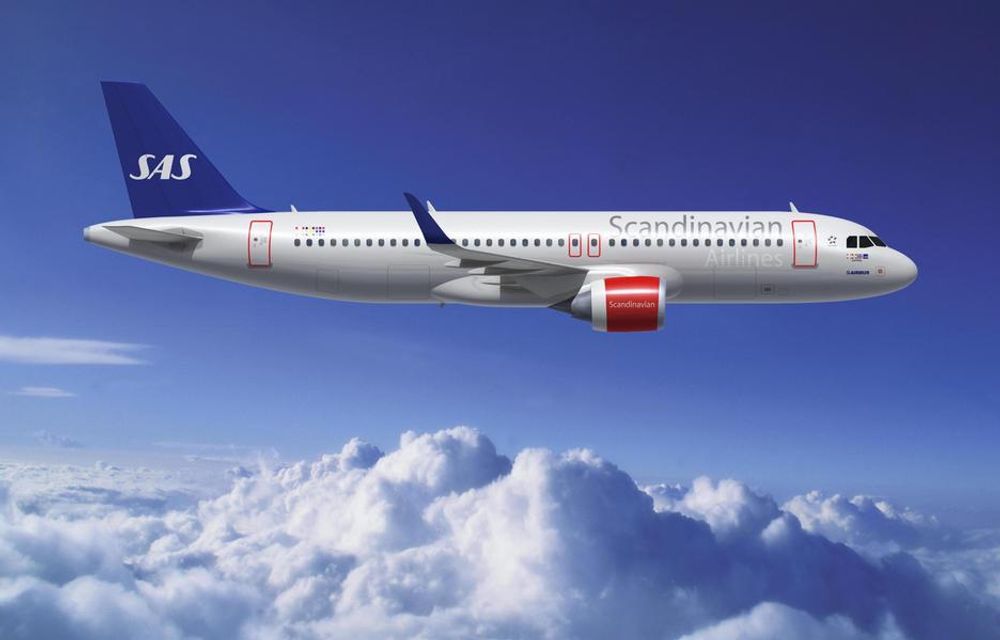 Slik vil et Airbus A320 med nye CFM-motorer og oppovervendte vingetupper se ut i SAS-farger.