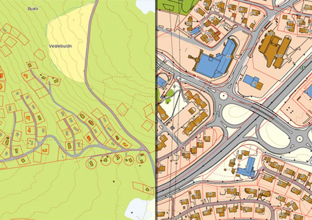 DETALJER: Kartverket lover at den nye tjenesten gir detaljerte kart, enten det gjelder en hyttegrend på Golsfjellet (til venstre) eller Trondheim.