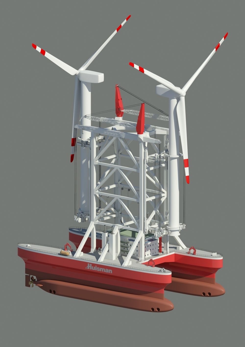 OPPREIST: Det er enkelt å montere nye vindturbinfundament når de fraktes stående ut på det nye spesialskipet fra Huisman Equipment BV. konseptet kalles Wind Turbine Shuttle.