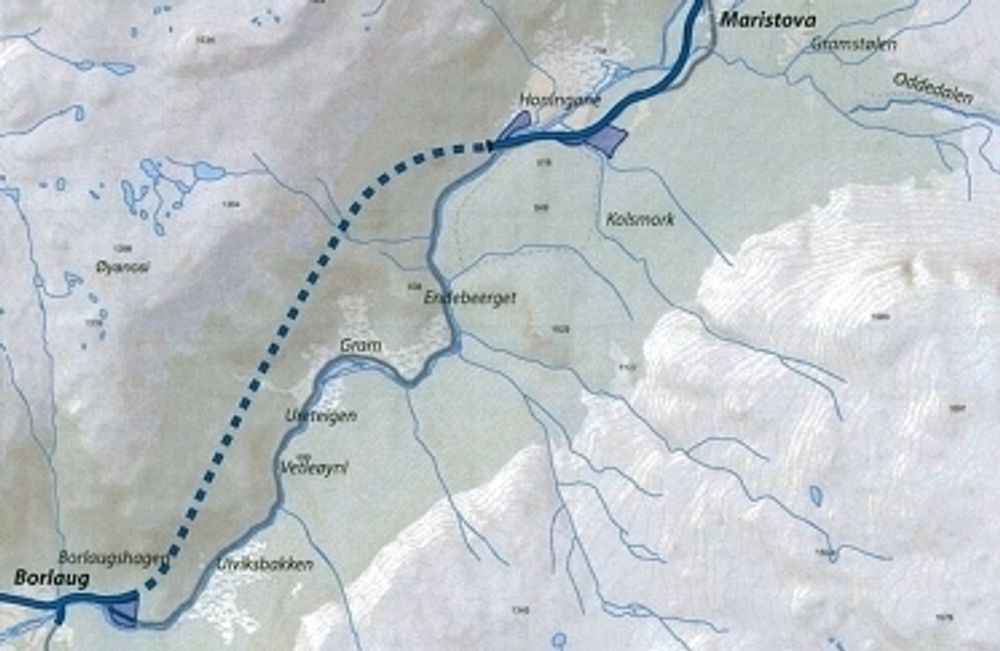 Den stiplete linjen viser den vel 4 km lange tunnelen som inngår i strekningen Borlaug-Smedalsosen. Mesta ligger godt an til å få jobben.
Ill: Statens vegvesen.