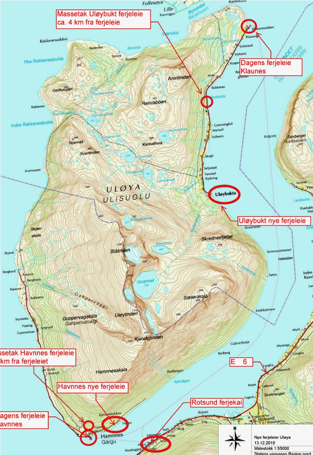 Den røde elipsen omtrent midt på bildet viser det nye fergeleiet på Uløybukt. Herfra er avstanden til Rotsund på fastlandet ikke stort mer enn halvparten av avstanden mellom Klauvnes helt nord på øya og Rotsund.
Ill.: Statens vegvesen
