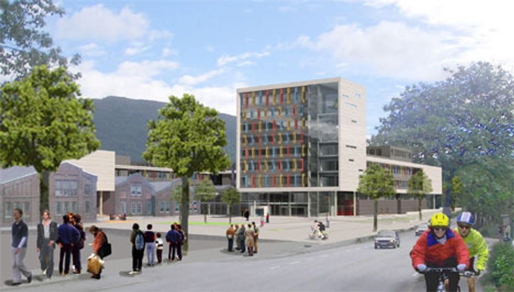 Byggestart for den nye Høgskolen i Bergen på Kronstad er stipulert til 2006. I tillegg til et helt nytt bygg, skal de også ta i bruk de fredede verkstedlokalene til NSB (til venstre på illustrasjonen)
