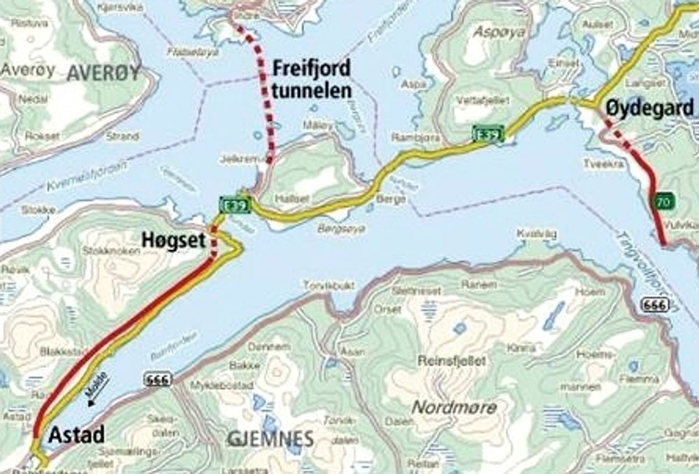 Innen 2. mai vil Vegvesenet ha pris på en 2 150 meter lang strekning på delprosjektet Høgset-Astad på StorKrifast.
(Ill.: Statens vegvesen)