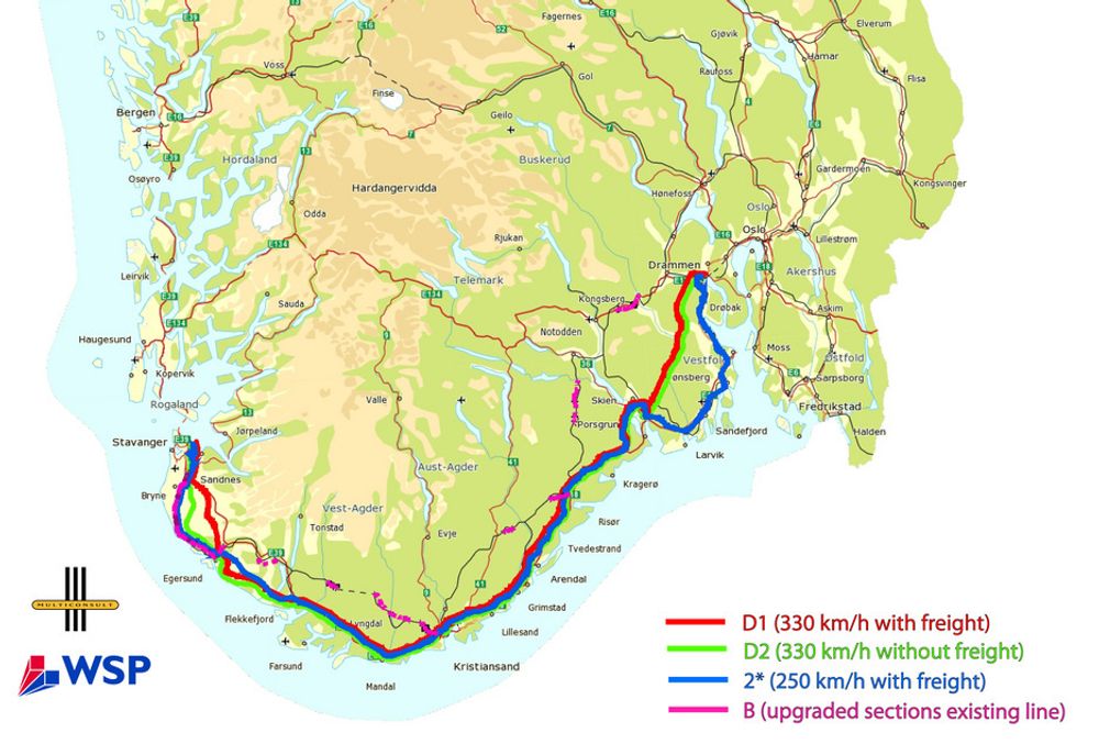 KYSTNÆR: Trasévalget som Multiconsult har kommet frem til langs Sørlandskysten går nærmere kysten enn dagens llinje. Linjene D1 (rød), D2(grønn) og 2*(blå) er alle nye. B, oppgradering av dagens linje, er kun vist med rosa der det er behov for endringer.