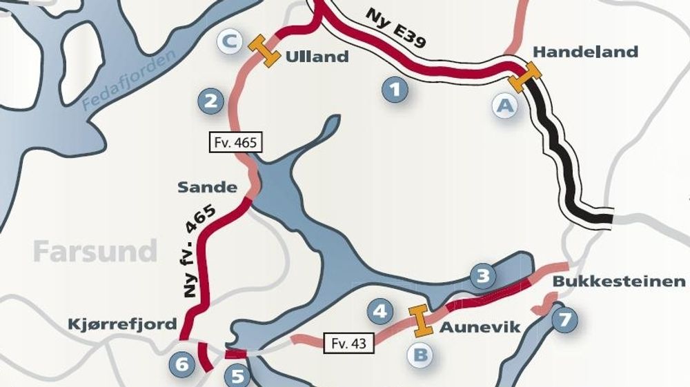 Kartet viser de fleste prosjektene i Listerpakken. Kvåle er ikke markert. Stedet ligger omtrent der det står Fv. 465.
Ill: Statens vegvesen.