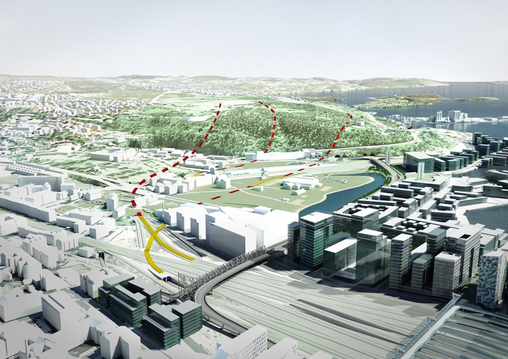 NY TRASÉ: Det er to alternativer til trasé for utgående Follobane fra Oslo S. Fra venstre vises vestre alternativ - ett jernbanespor i kulvert under Gamlebyen gravlund og inn i Ekebergåsen, østre alternativ - ett jernbanespor i kulvert under bebyggelse i Mosseveien, og eksisterende kulvert for Østfoldbanen - som skal utvides for å rydde plass til to nye jernbanespor.