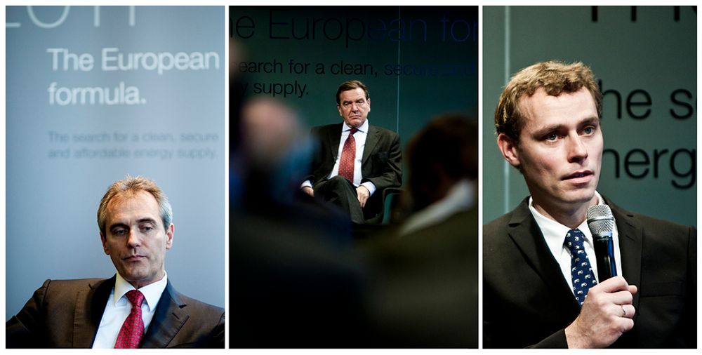 Dr. Rainer Seele i Wintershall, Gerhard Schröder og Ola Borten Moe har debatt rundt hvilken rolle Norge skal spille i EUs fremtidige energimiks.