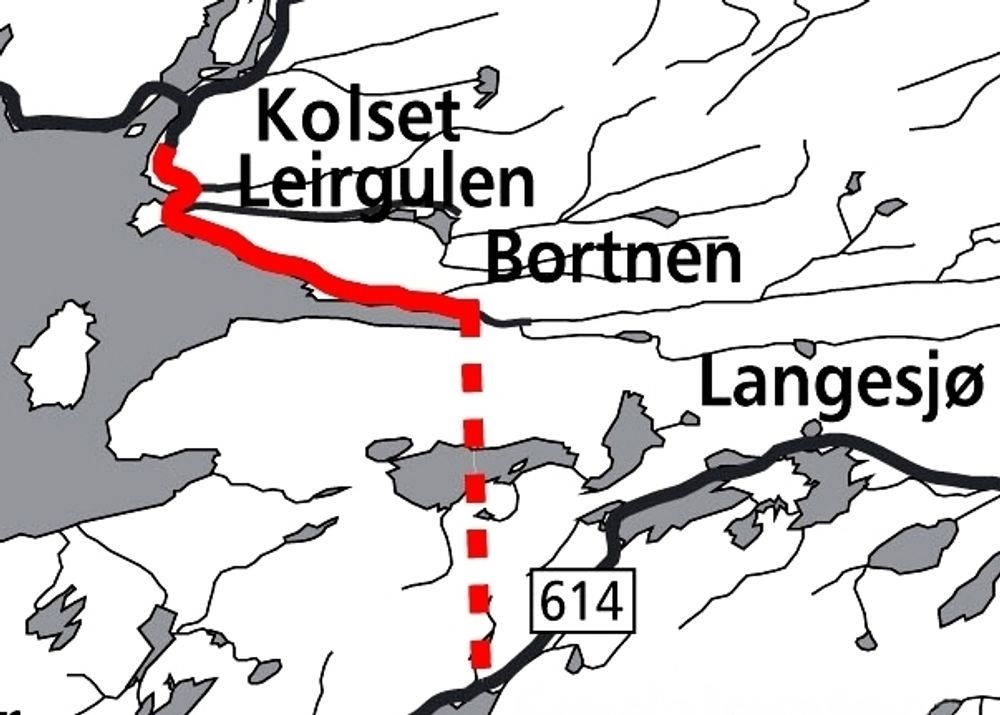 K. A. Aurstad skal anlegge vegen som er markert med heltrukket rød linje. Den stiplete linjen nedenfor viser traséen til Bortnetunnelen. Ill.: Statens vegvesen