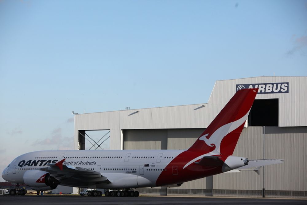 Dette flyet til Qantas var ett av 18 A380-er som ble ferdigstilt på Airbus-fabrikken i Toulouse i fjor. Men det er et stykke opp til makskapasiteten på 48 fly i året.