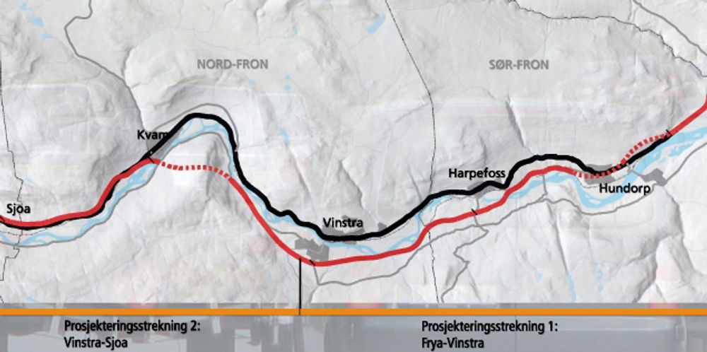 Kartet viser de to første prosjekteringsstrekningene på ny E 6 mellom Ringebu og Otta. Multiconsult får sannsynligvis den første av de to.
