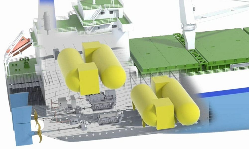 PLASS: LNG-tankene om bord på skip kan fortrenge noe av lastkapasiteten hvis det ikke planlegges godt. DNV og japanske Oshima-verftet har utviklet et nytt bulkskip med LNG-motorer. Tankene er gule på tegningen.