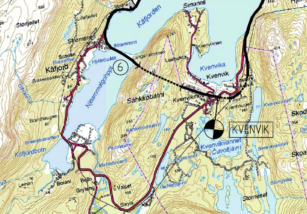 Tunnelene og de tre korte bruene skal bygges øst for brua over Kåfjorden til venstre på kartet. 29. og 31. mars er datoene å merke seg.