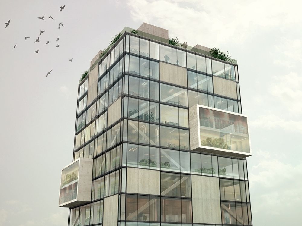 VERDENS HØYESTE: Denne animasjonen viser hvordan verdens høyeste trebygg vil arte seg, med en kombinasjon av glass og massivtre i fasadene.