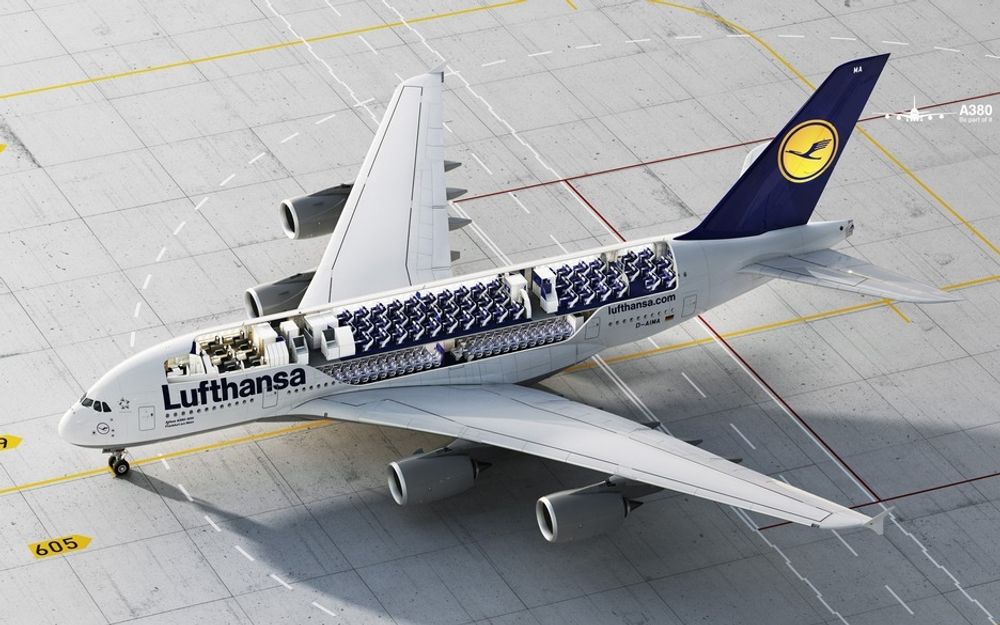Slik er setekonfigurasjonen i Lufthansas A380-800-maskiner.