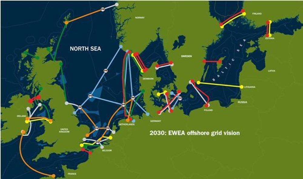 KARTLAGT VISJON: Dette er den europeiske vindkraftorganisasjonen EWEAs visjon for et europeisk sjøkabelnett i 2030.