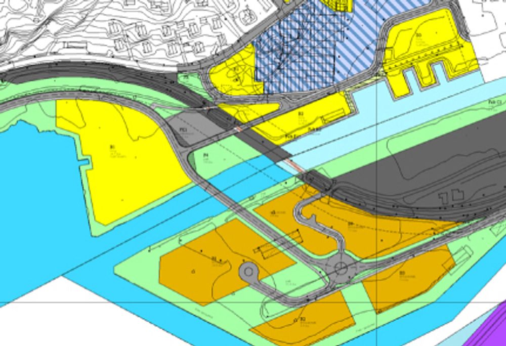 De gule og de oransje feltene er nye boligområder. I første omgang skal det gule feltet lengst til venstre bygges ut. De grå linjene mellom dem er det nye vegsystemet.