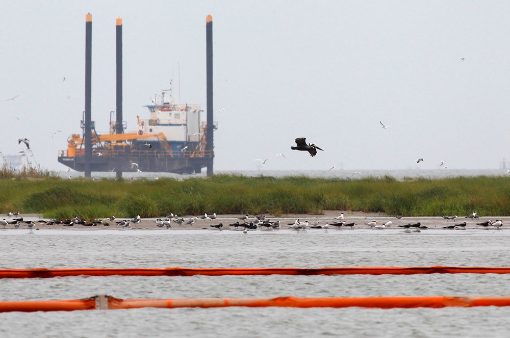 En pelikan på vingene forbi en boreplattform ved Breton Island i den amerikanske delstaten Louisiana, der lenser er lagt ut for å beskytte mot oljeutslippet i Mexico-golfen.
