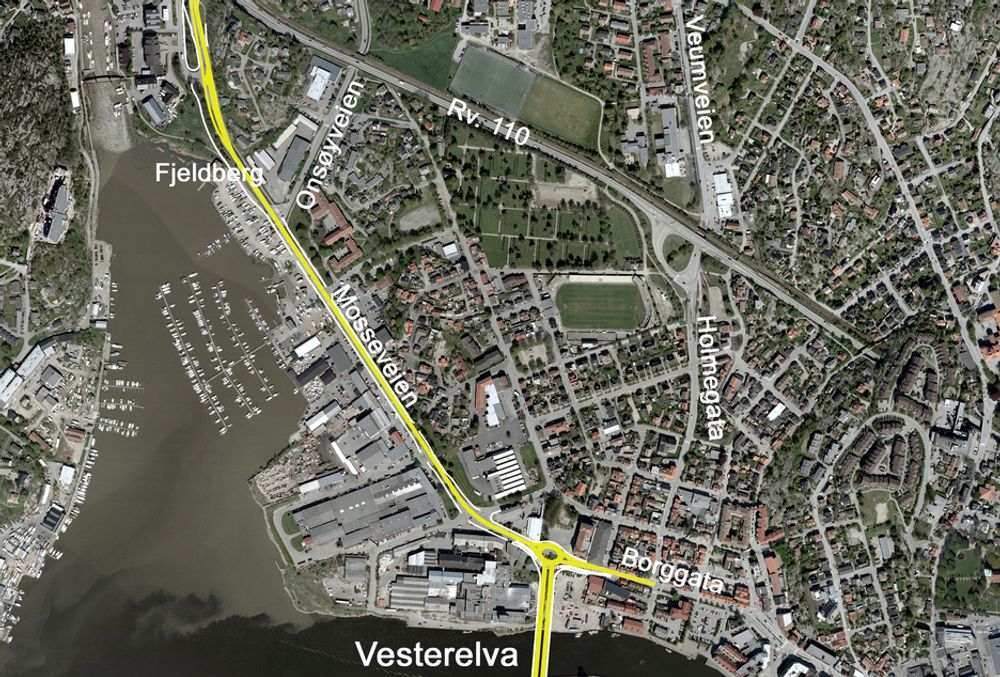 Denne illustrasjonen er ikke helt oppdatert. I tillegg til den rundkjøringen som er markert, blir det en rundkjøring i krysset mellom Mosseveien og Onsøyveien.
