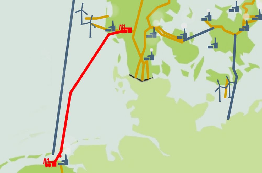 Går alt etter planen, skal el-nett i Danmark og Holland være koblet sammen fra 2015-2016 via en undersjøisk sterkstrømkabel, som går under navnet Cobra Cable (markert i rødt).